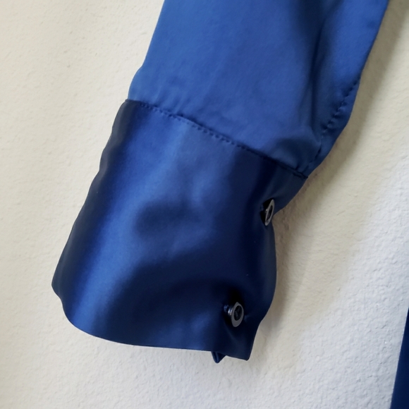 Sapphire Blue Long Sleeve Button Down Satin Effect Mini Dress - Picture 13 of 16
